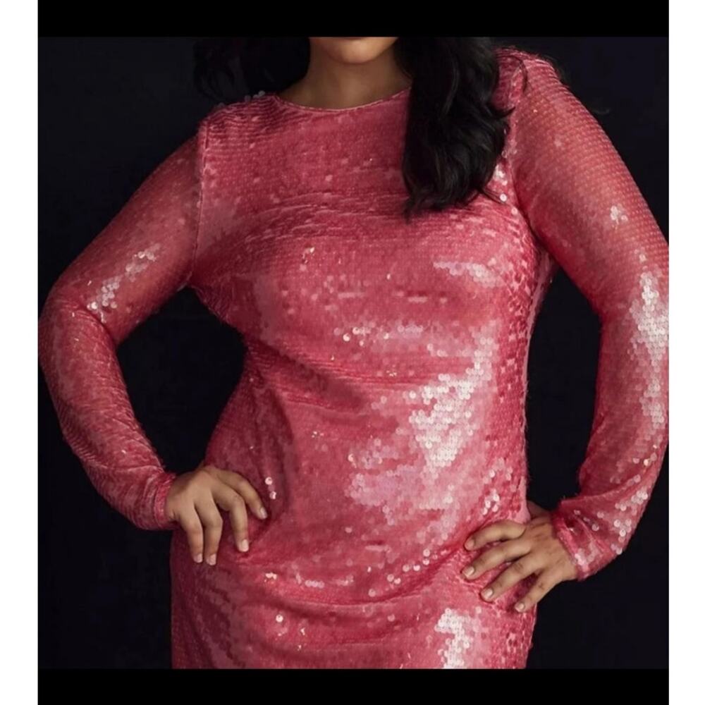 Pink Sequin Drape Back Mini Dress Anthropologie Long Sleeve NEW with Tags 16W - Picture 11 of 12